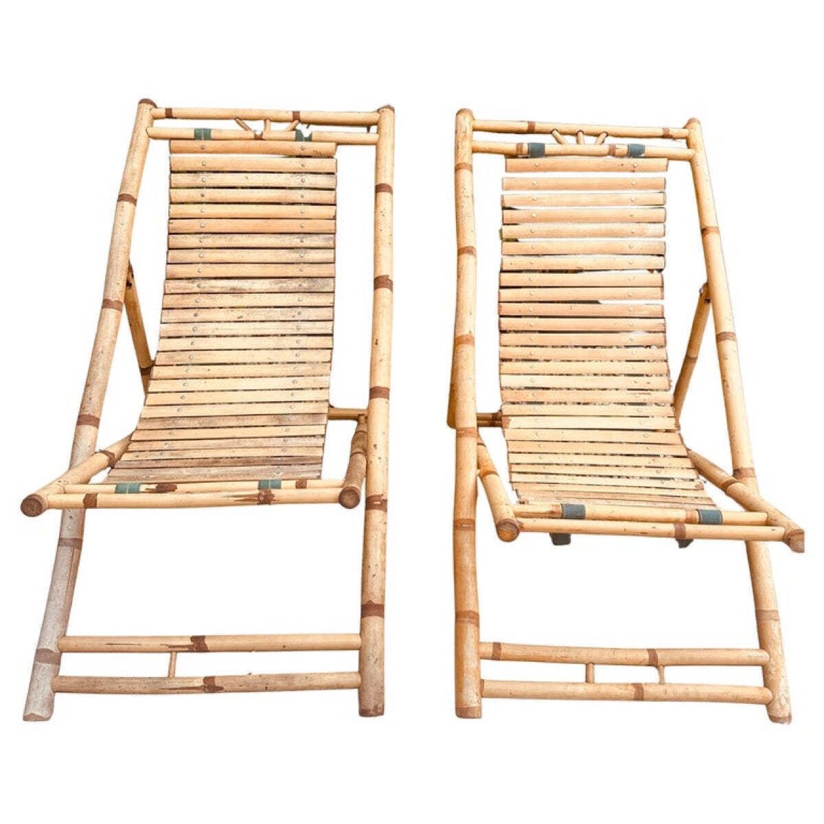 Pair Of 1980s Rustic Italian Golden Bamboo Deck Chairs Or Sun Loungers
