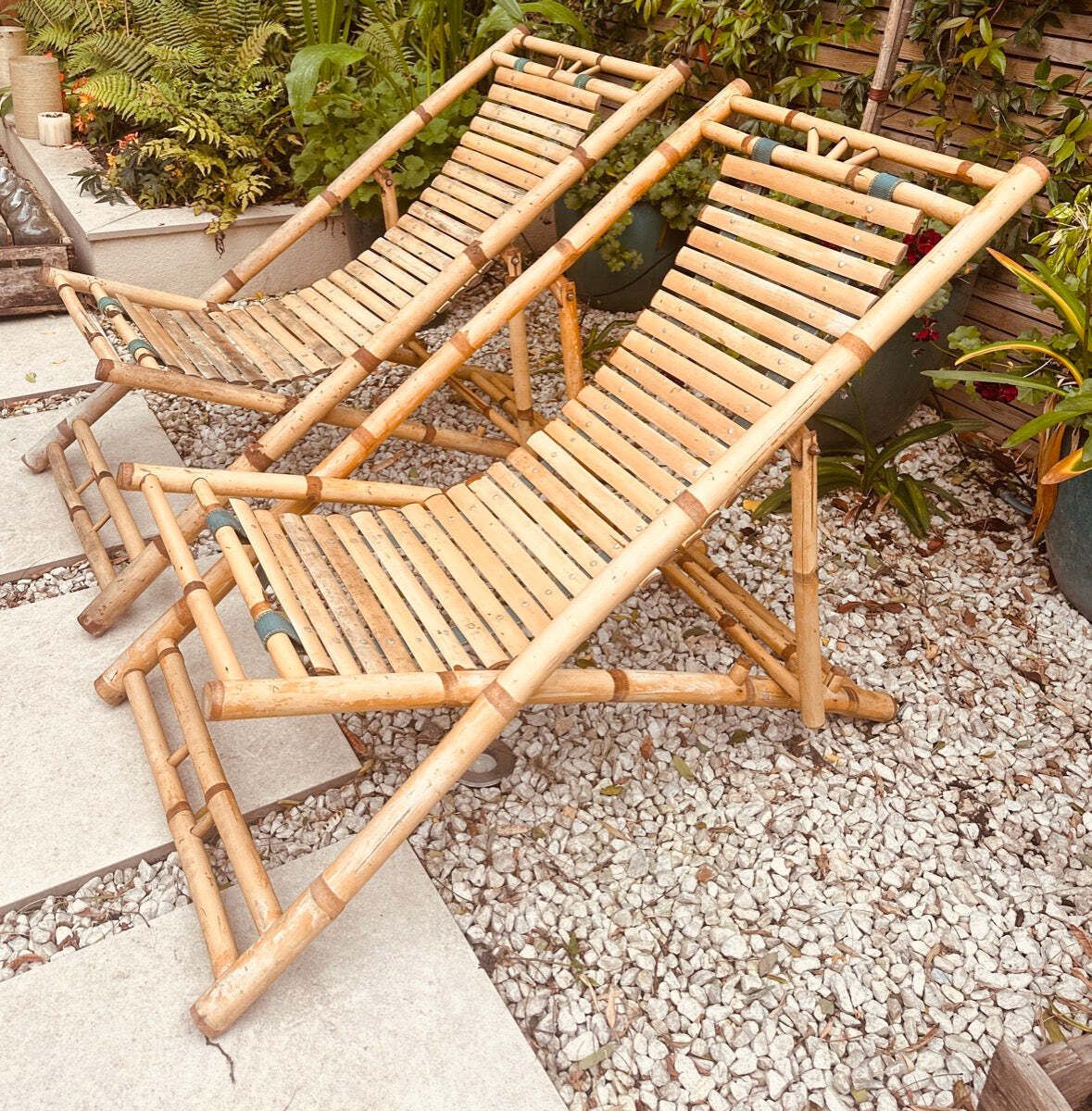 Pair Of 1980s Rustic Italian Golden Bamboo Deck Chairs Or Sun Loungers photo Garden Furniture