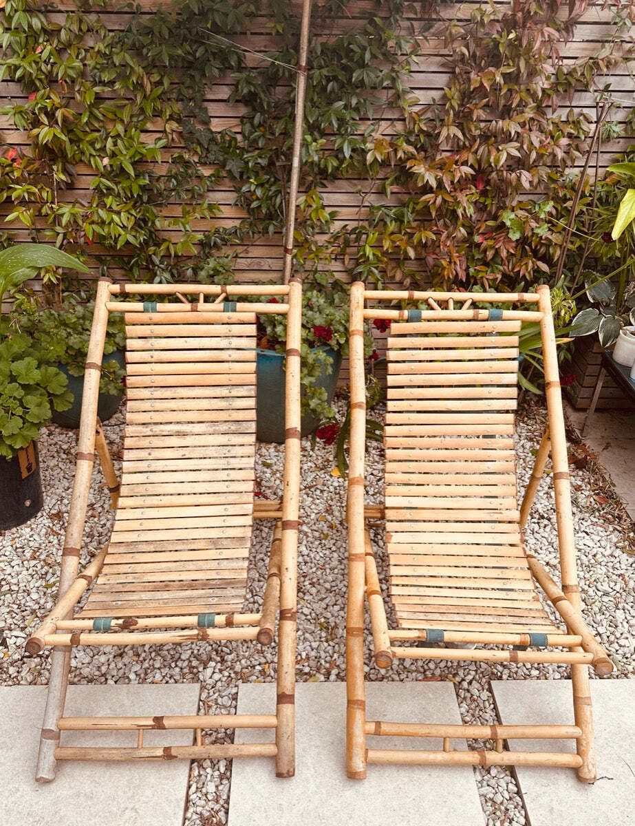 Pair Of 1980s Rustic Italian Golden Bamboo Deck Chairs Or Sun Loungers photo 295.0