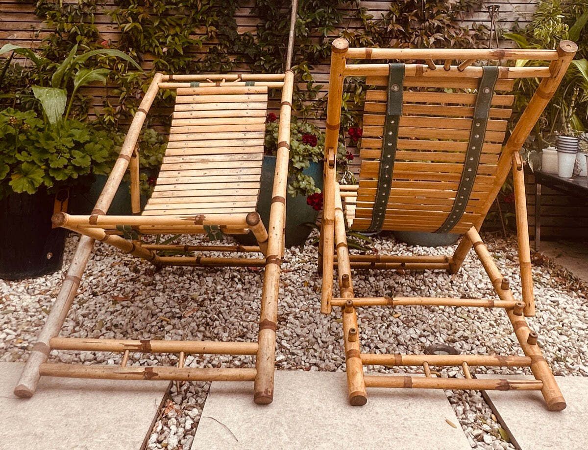 Pair Of 1980s Rustic Italian Golden Bamboo Deck Chairs Or Sun Loungers photo buy