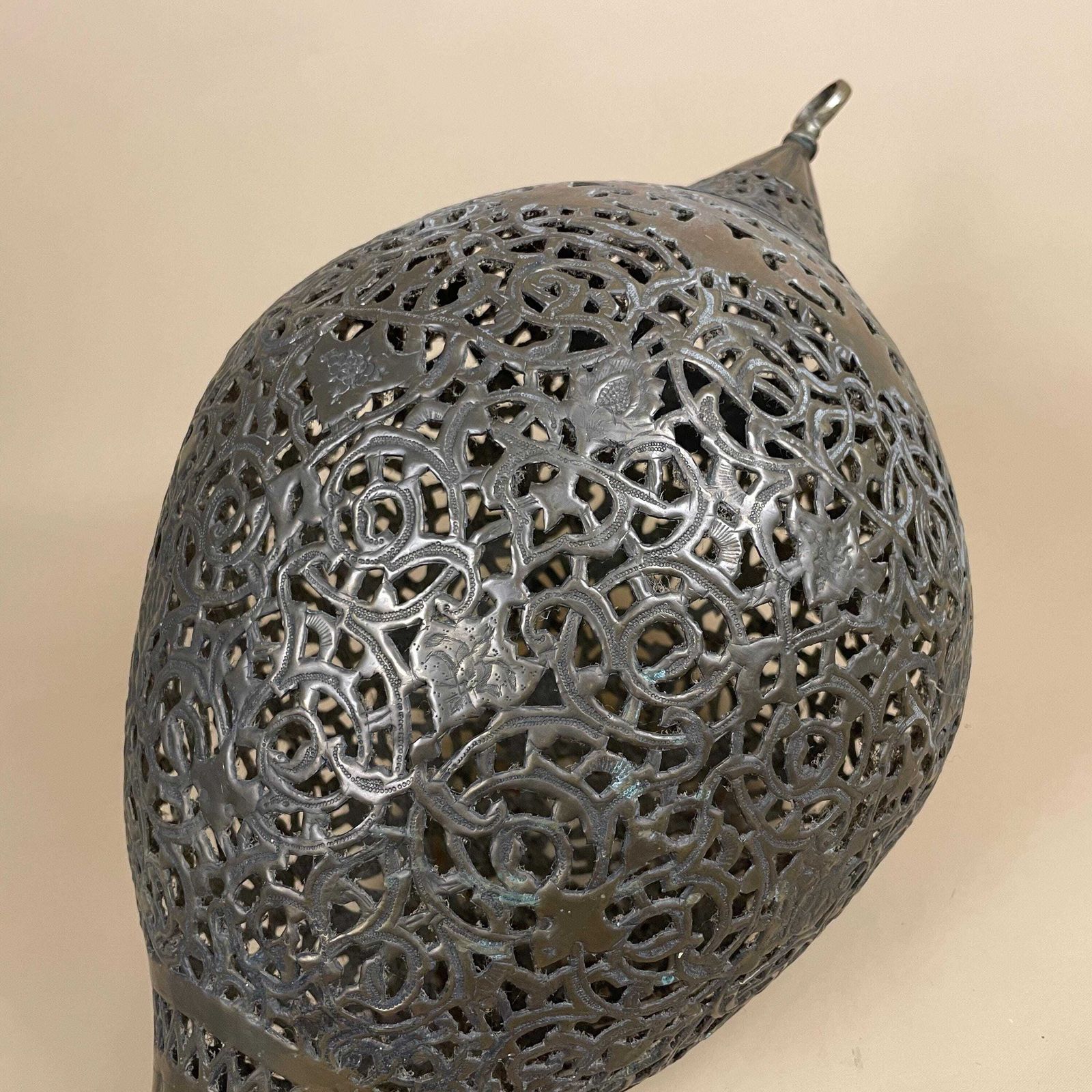 Antique Metal Gold Moroccan Brass Lamp Lantern Hanging Light Handmade Patterned Engraved Ornate Vintage Pattern Tea Light Candle Morocco photo for sale