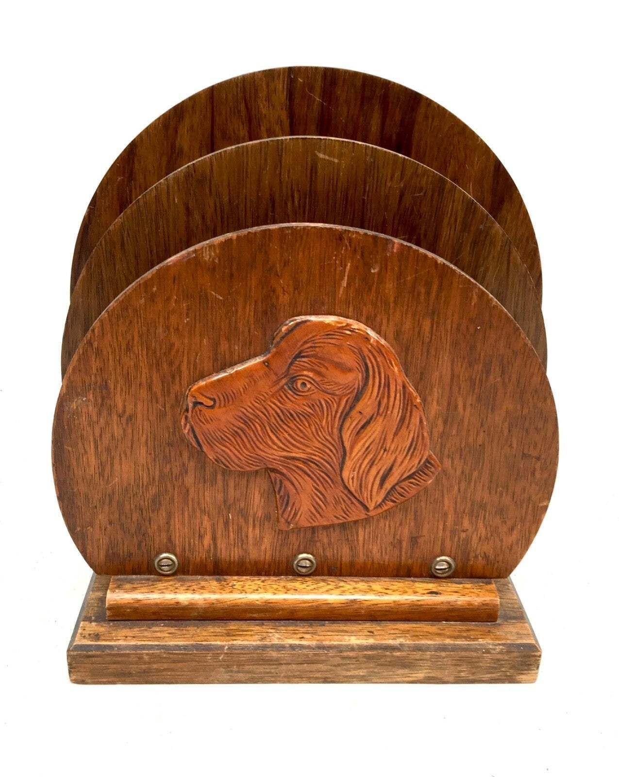 Antique Wooden Spaniel Dog Motif Desktop Letter Rack / Stationery Holder C.1930 photo for sale