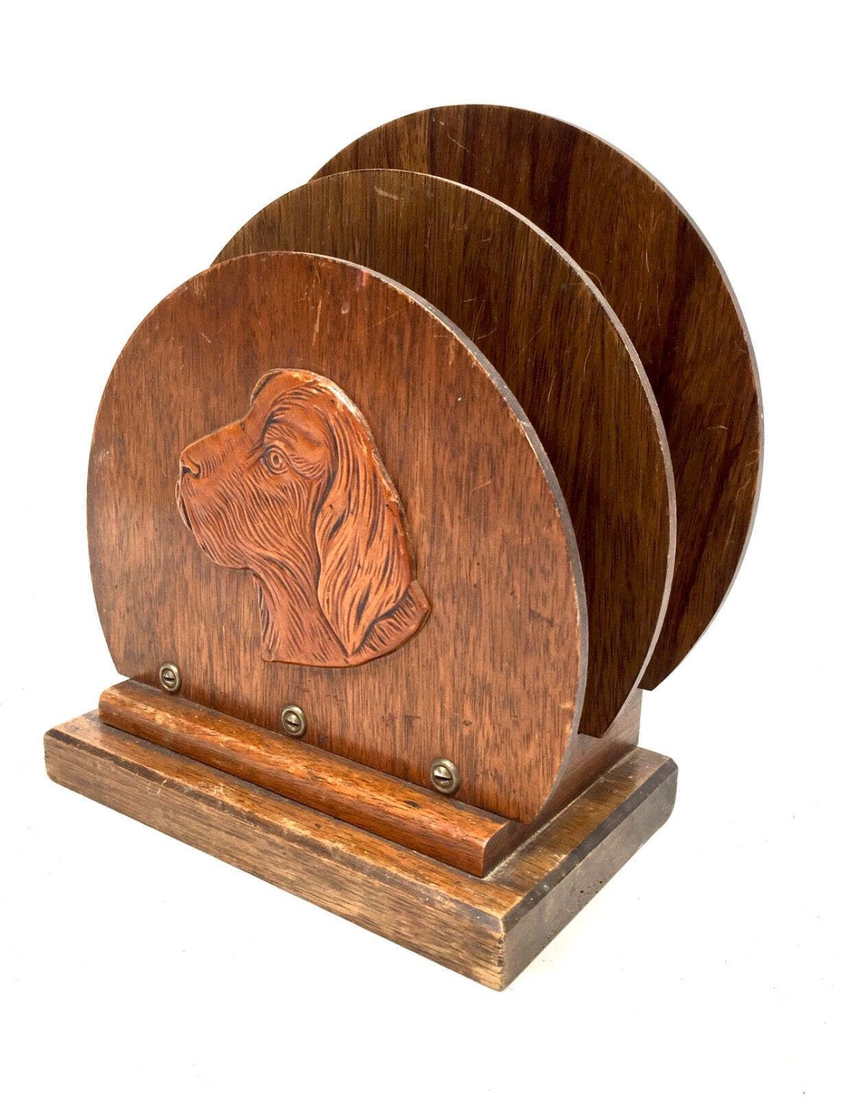 Antique Wooden Spaniel Dog Motif Desktop Letter Rack / Stationery Holder C.1930 photo Home Decor