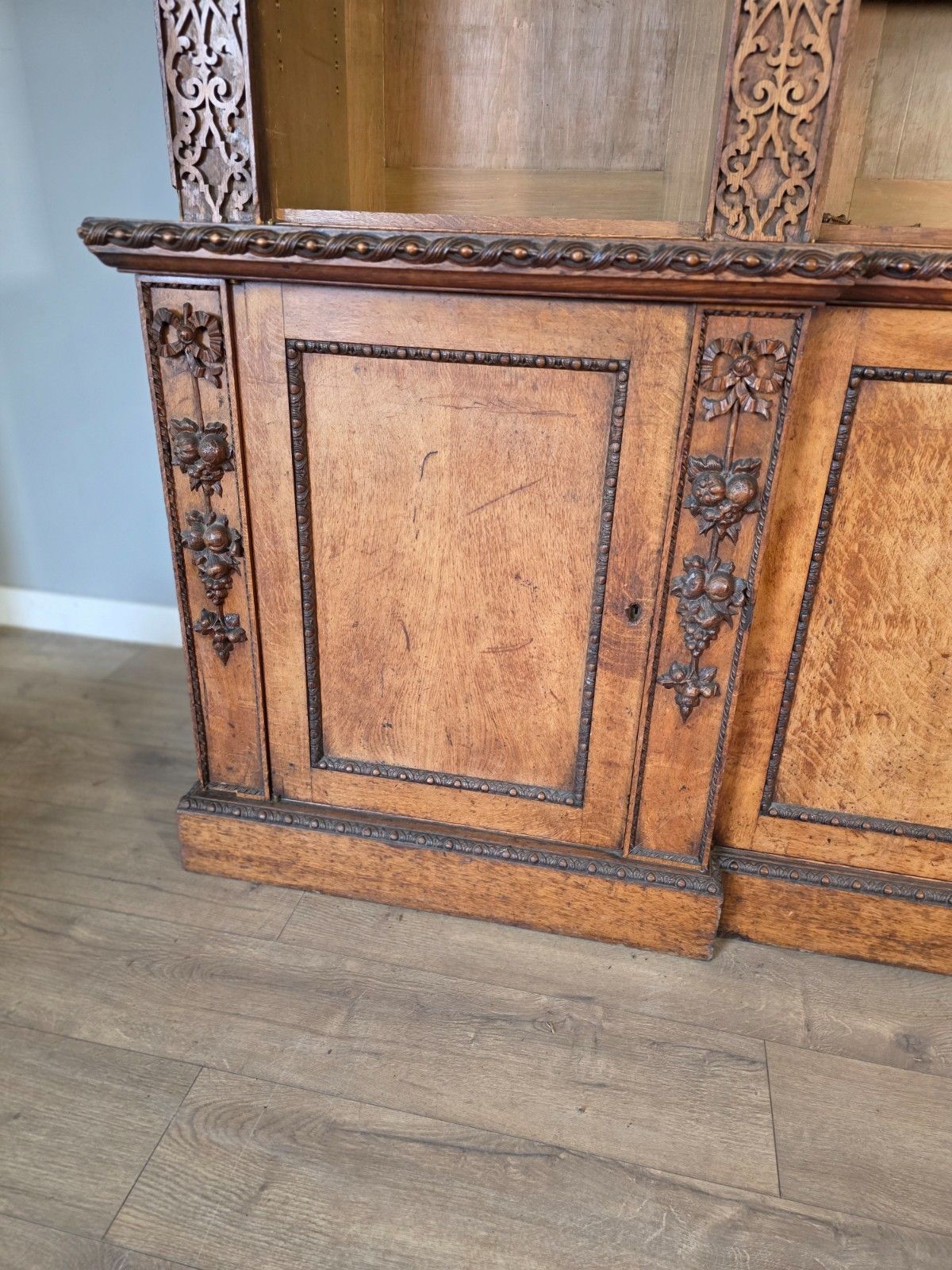 Antique Country House Pollard Oak Inverted Breakfront Bookcase 1860s photo for sale