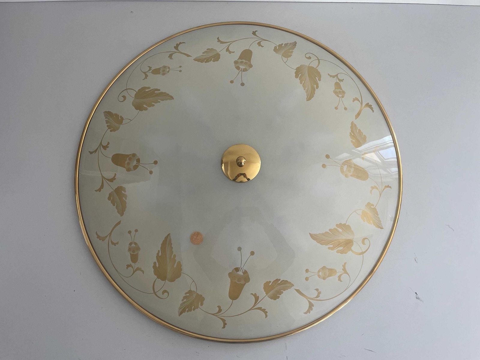 Mid Century Brass And Flower Motifs Print Glass Xxl Cinema Flush Mount Light By Brevettato, 1950s, Italy photo Lighting