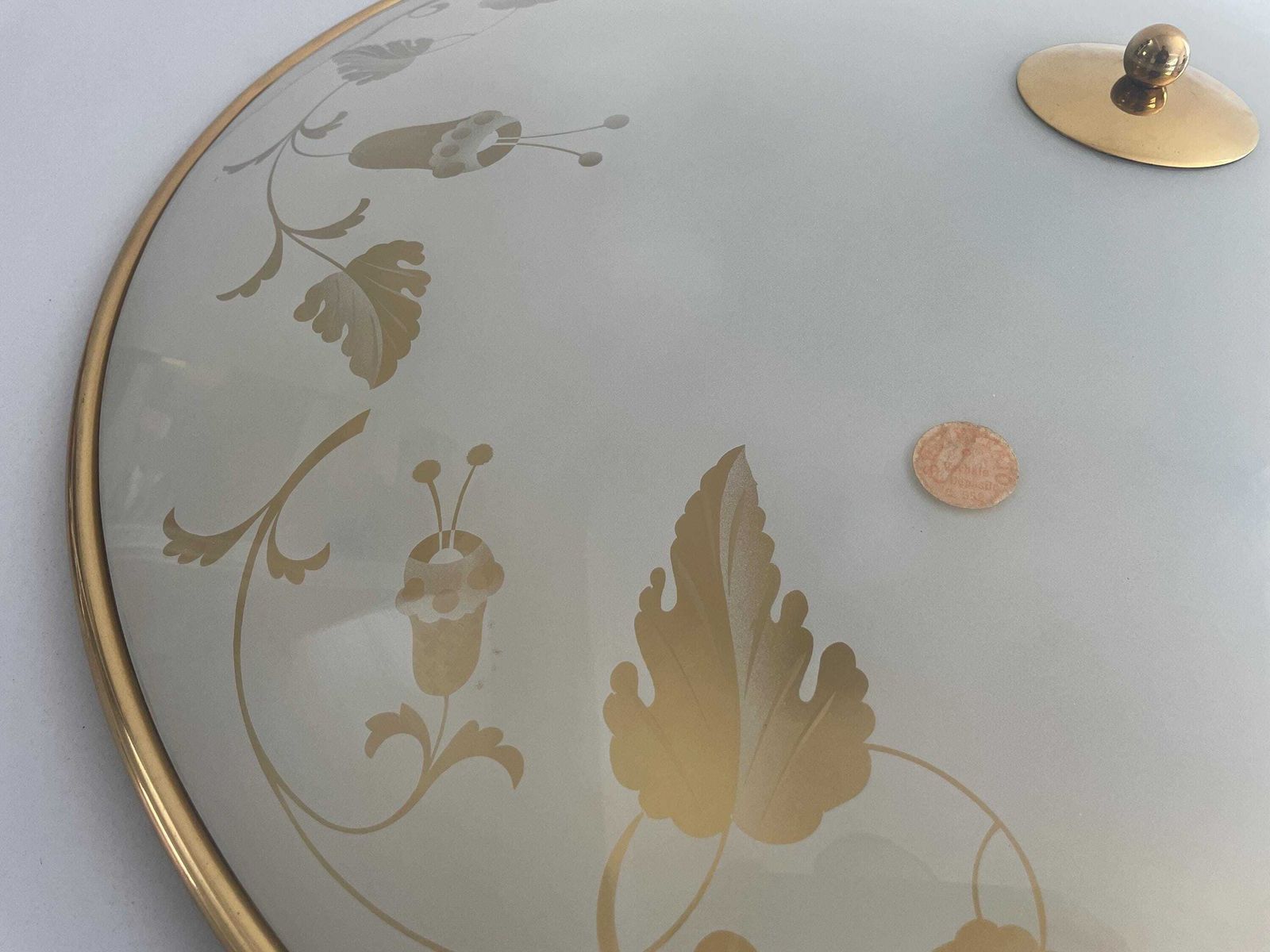 Mid Century Brass And Flower Motifs Print Glass Xxl Cinema Flush Mount Light By Brevettato, 1950s, Italy photo buy