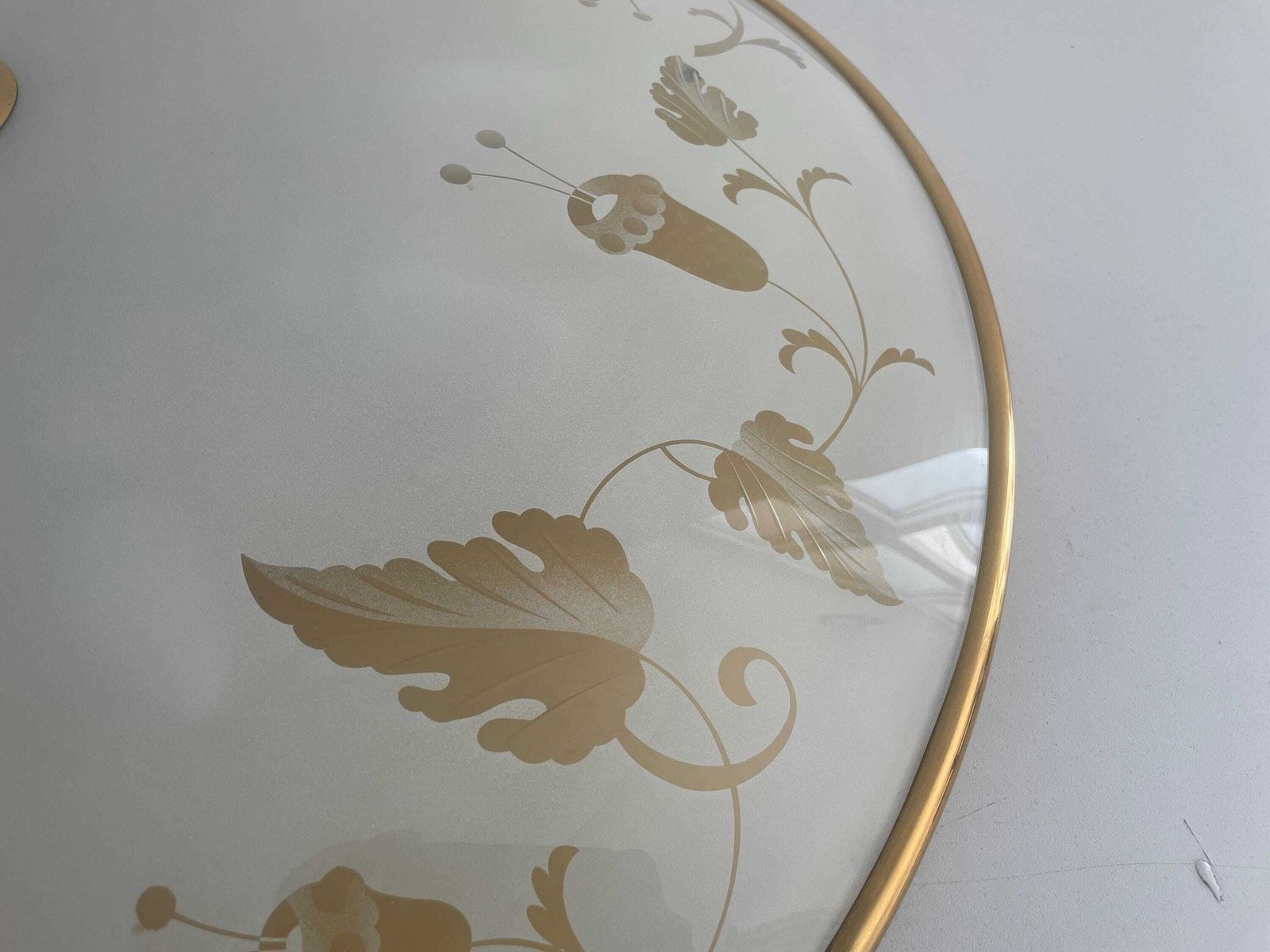 Mid Century Brass And Flower Motifs Print Glass Xxl Cinema Flush Mount Light By Brevettato, 1950s, Italy photo vintage