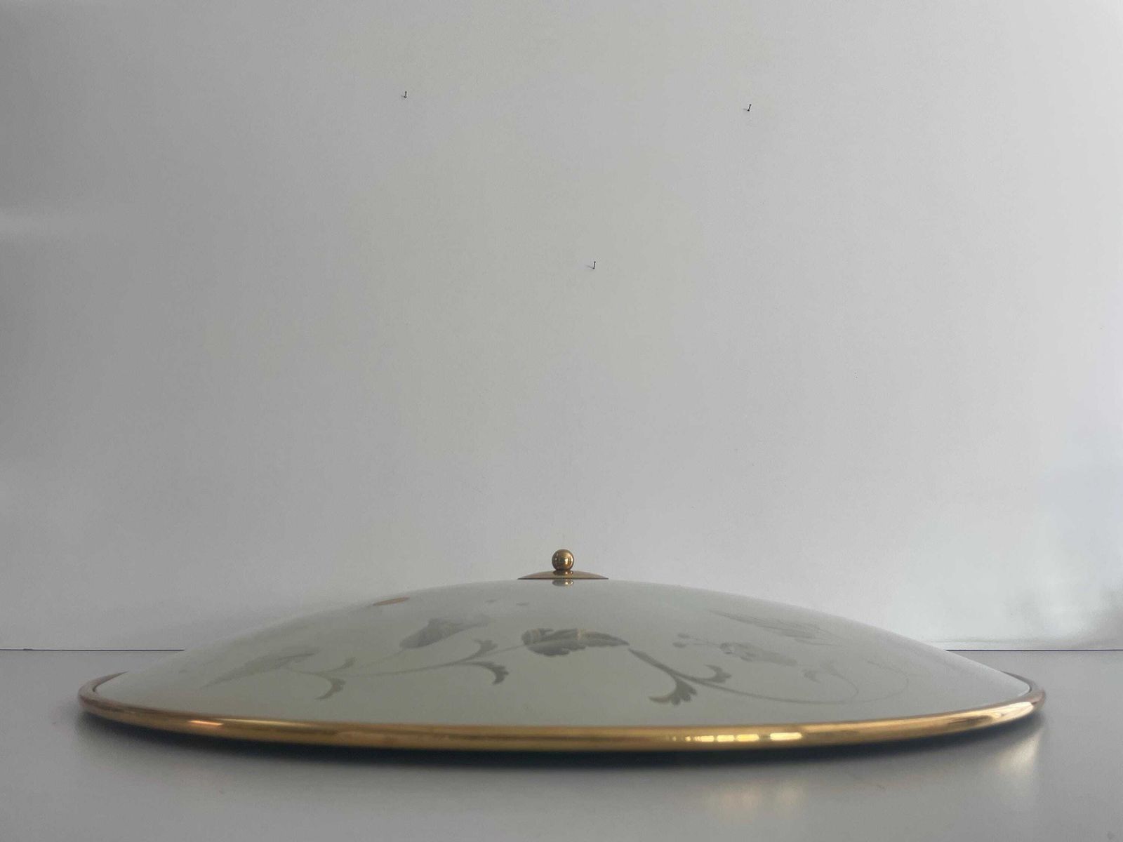 photo furniture Mid Century Brass And Flower Motifs Print Glass Xxl Cinema Flush Mount Light By Brevettato, 1950s, Italy