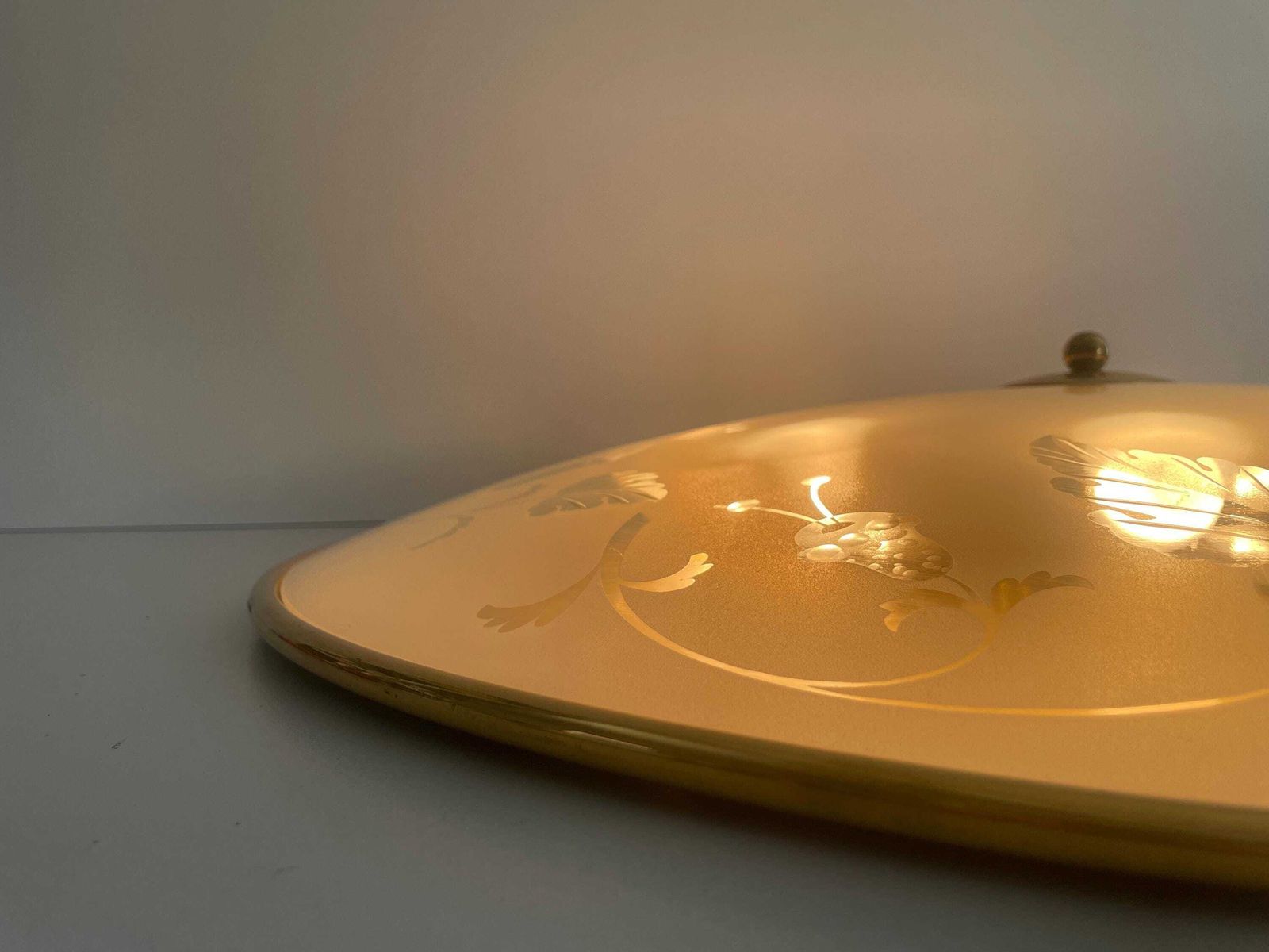 photo for sale Mid Century Brass And Flower Motifs Print Glass Xxl Cinema Flush Mount Light By Brevettato, 1950s, Italy
