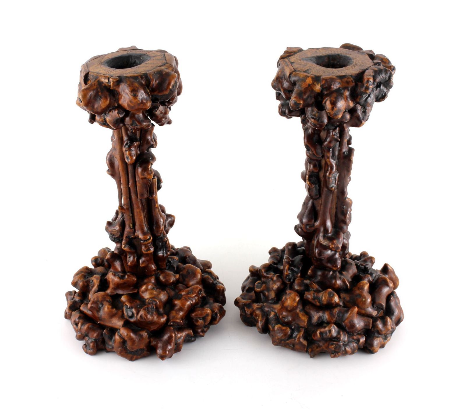Pair Antique Rootwood Candlesticks. Folk Art Black Forest Candle Stand. photo Home Decor