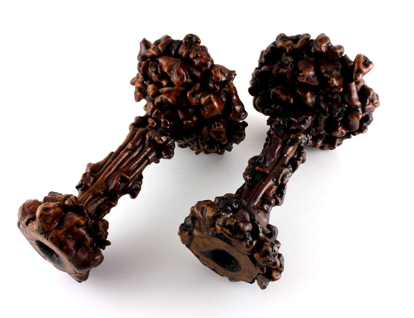 photo for sale Pair Antique Rootwood Candlesticks. Folk Art Black Forest Candle Stand.