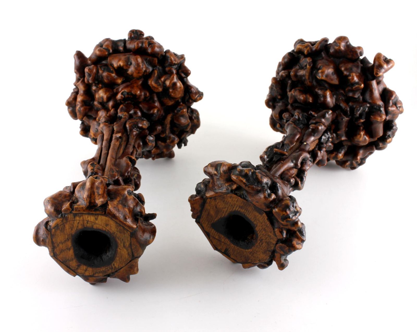 Home Decor Pair Antique Rootwood Candlesticks. Folk Art Black Forest Candle Stand. photo