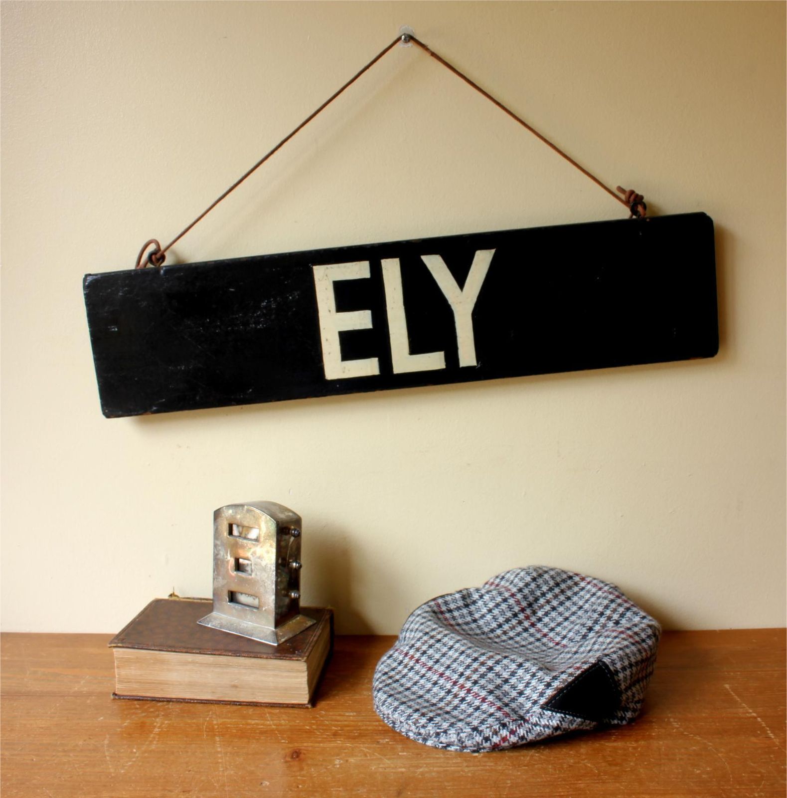 Antique Ely Train Destination Sign. Black Railway Station Signage. photo furniture