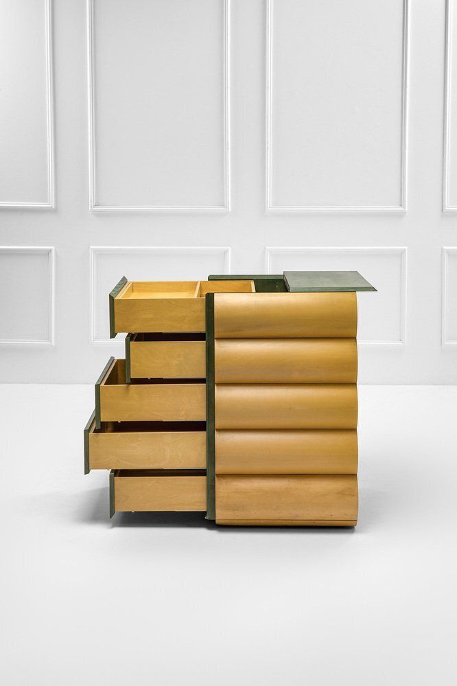 Postmodern Architectural Chest Of Drawers In Natural Wood And Aniline Stained Wood, 1980s photo for sale