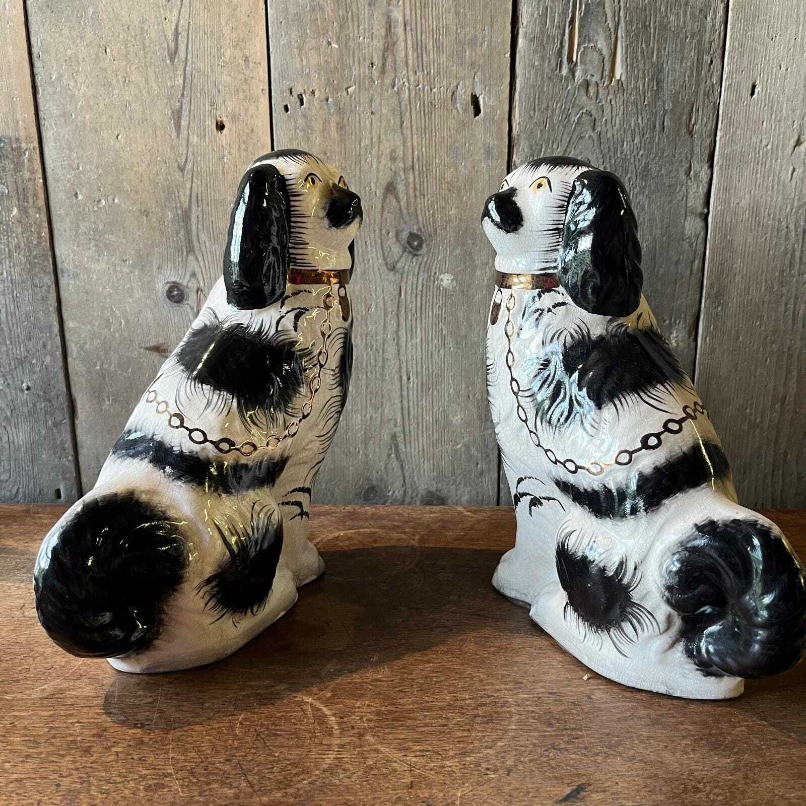 Pair Of Staffordshire Black Spotted Spaniel Ceramic Dogs photo furniture
