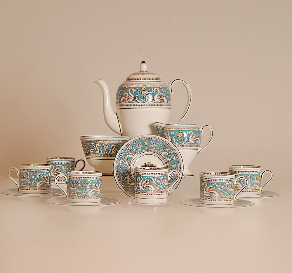 English Wedgwood Tea Set Etruscan Empire Style Bone China Porcelain Turquoise Pattern  15 Pieces
