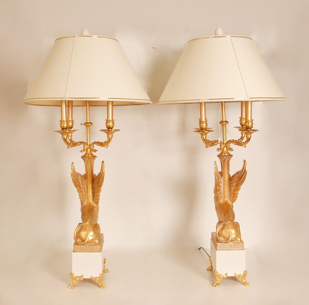 Egyptian Revival Empire Style Bouilotte Lamps With Sphinxes In Gilt Wood And Marble, 1980s, Set Of 2 photo vintage