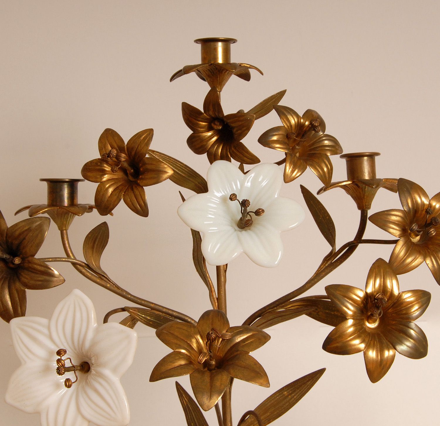 French Church Candelabra In Gold Bronze And Brass White Opaline Glass Flowers, 1890s, Set Of 2 photo vinterior