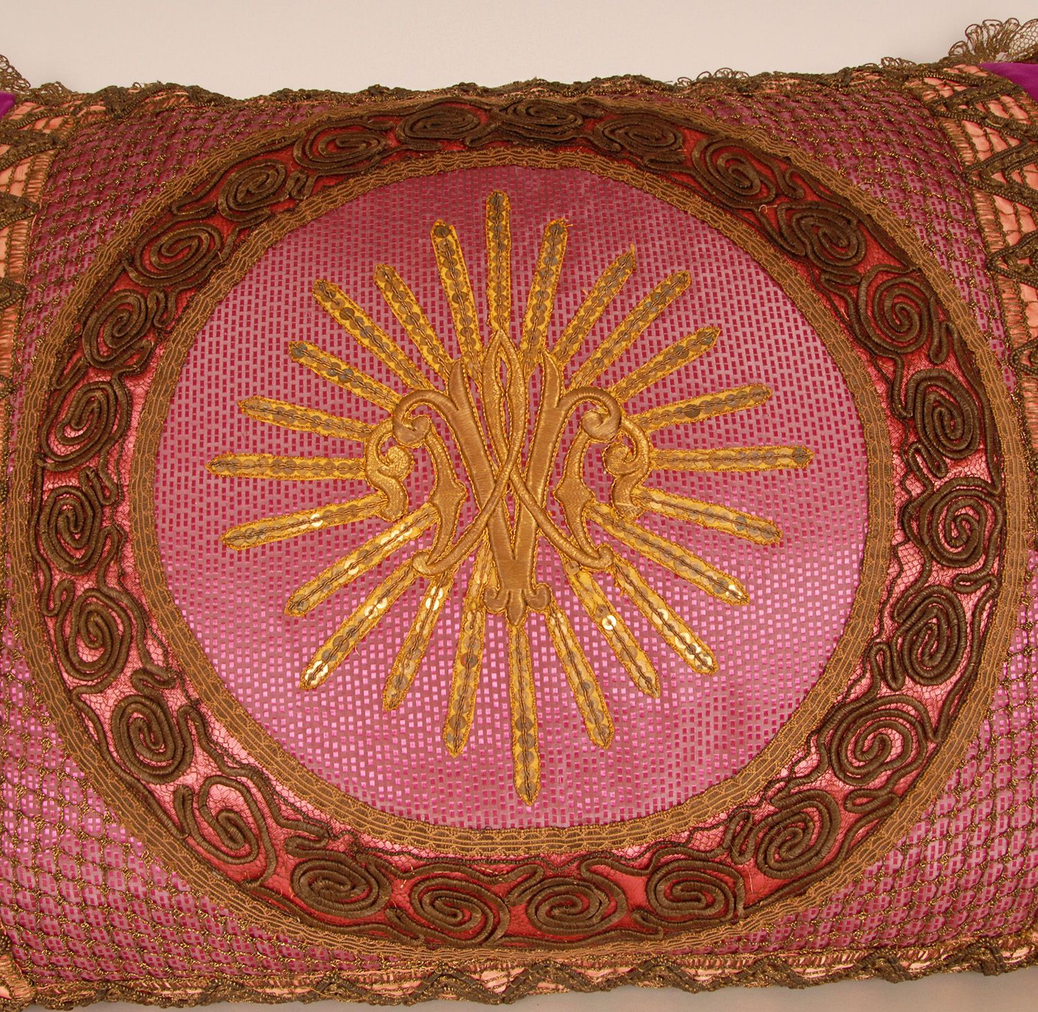 Napoleonic Empire Cushion Cannetille Metallic Embroidery Gold Thread French Silk Cushion Cover In Magenta photo furniture