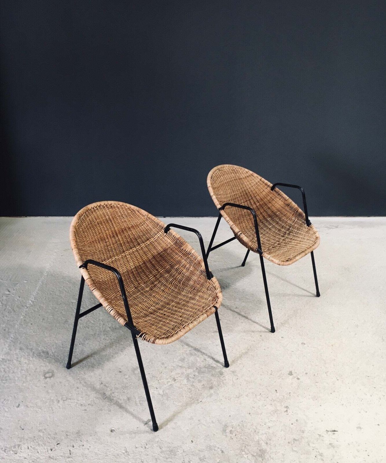 Mid Century Modern Design Rattan Armchairs, France 1950's photo vintage