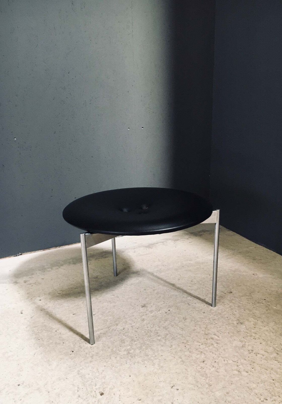 Midcentury Modern Design Leather Tripod Stool By Uno & östen Kristiansson For Luxus, Sweden 1960's photo vintage