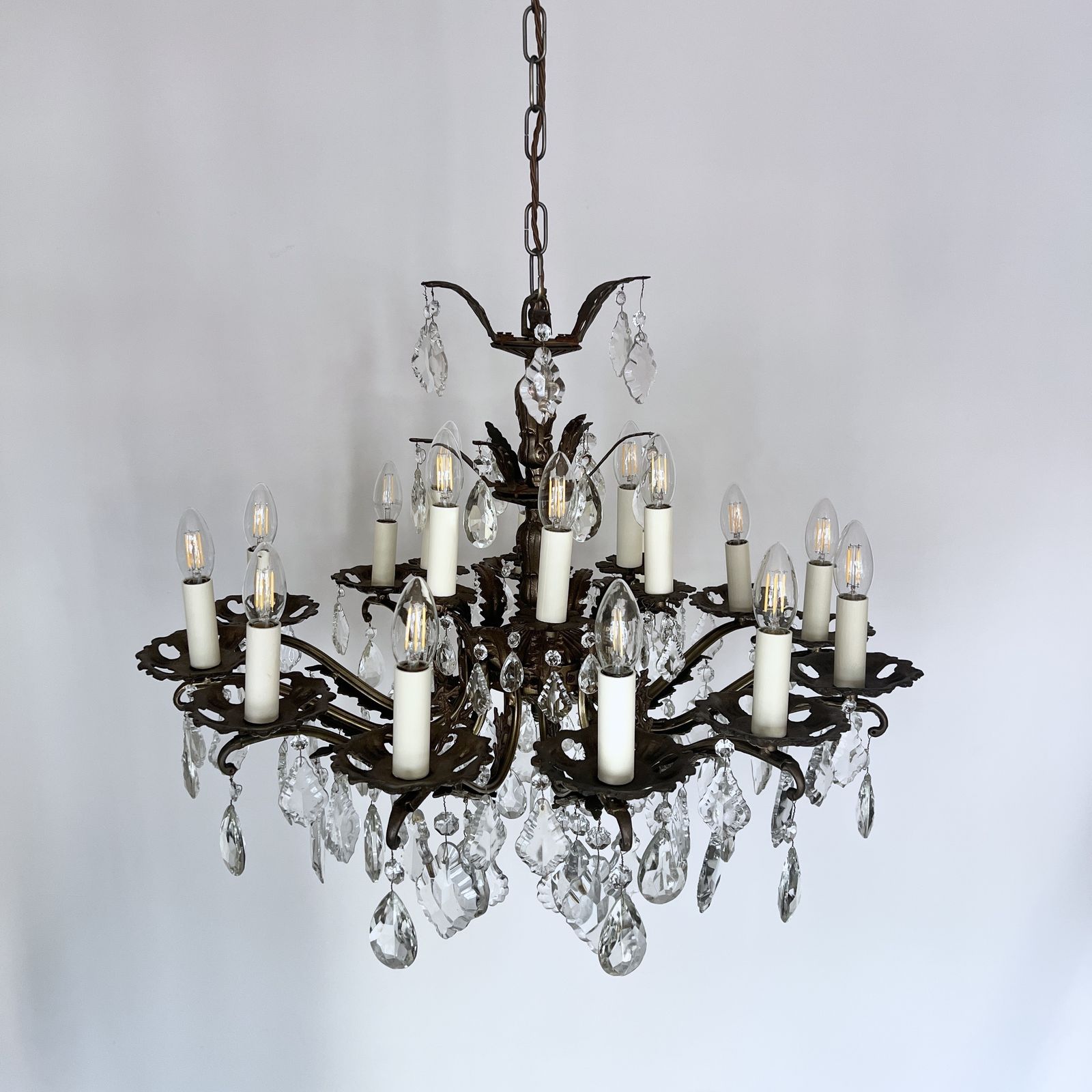 Large Brass Chandelier With Glass Flat Leaf And Cut Glass Pear Drops photo for sale
