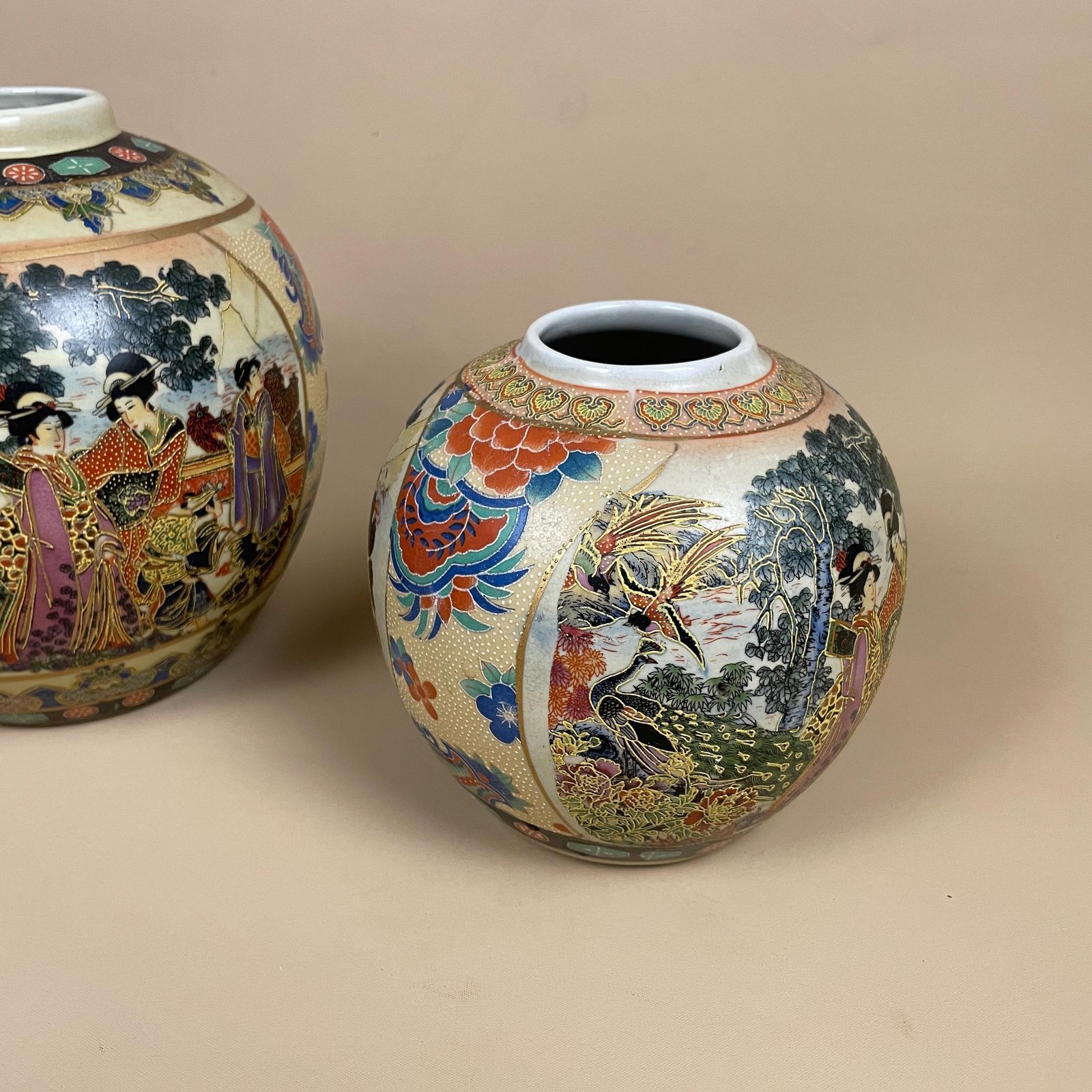 Set Of Two Pots Hand Painted Floral Motif Geisha Chinese Oriental Ceramic Vases Decorative Set Mantle Ends Yellow Home Decor photo for sale
