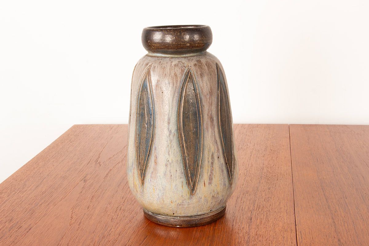 Art Deco Period Vase In Glazed Ceramic, Green And Gray, By Edouard Grégoire.