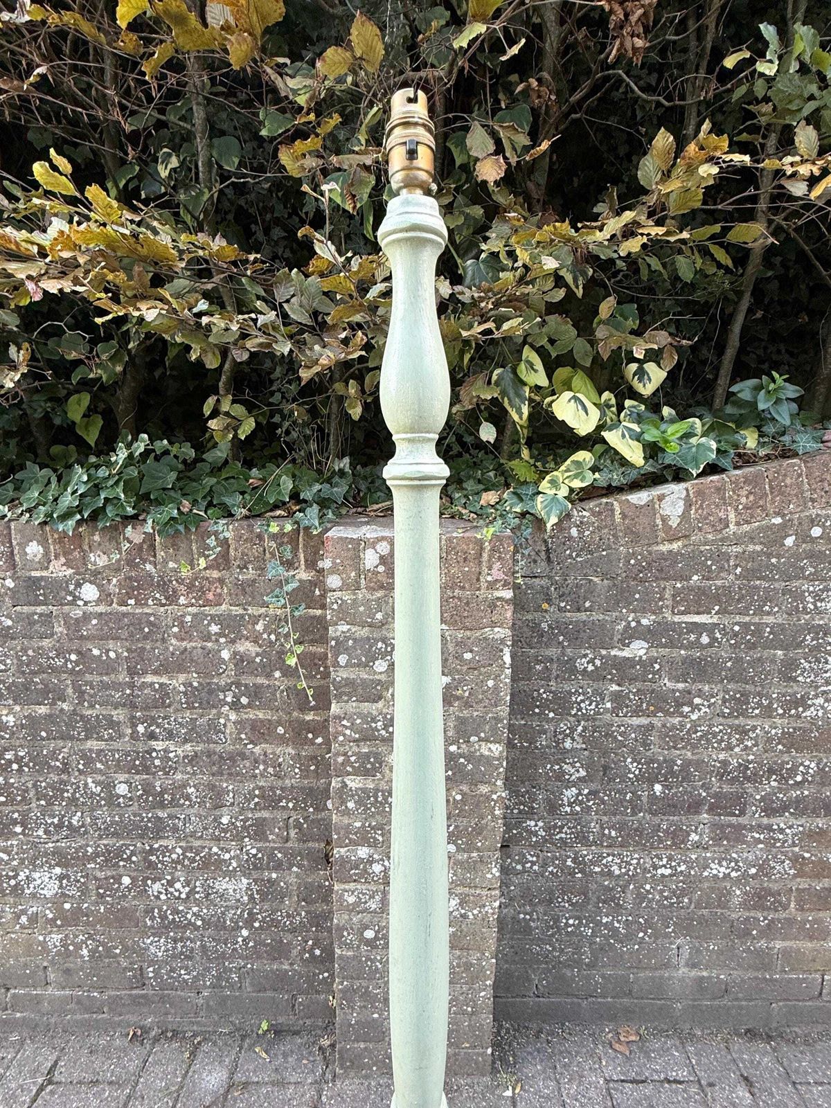 Mid Century Tall Painted Green Shabby Chic Wooden Floor Lamp Base, Vintage Retro Lighting, Shabby Chic Cottage Style Standard Lamp 156cm photo for sale