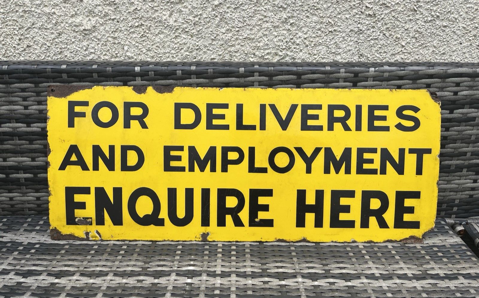 Rare Antique British Military Base Deliveries & Employment Metal Enamel Sign photo for sale