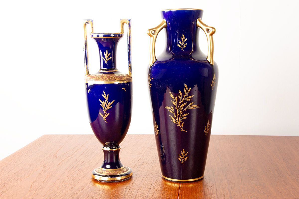 Grand vase de style néoclassique en porcelaine, motifs bleu cobalt et or, manufacture Pinon Heuzé, 1930. photo vintage