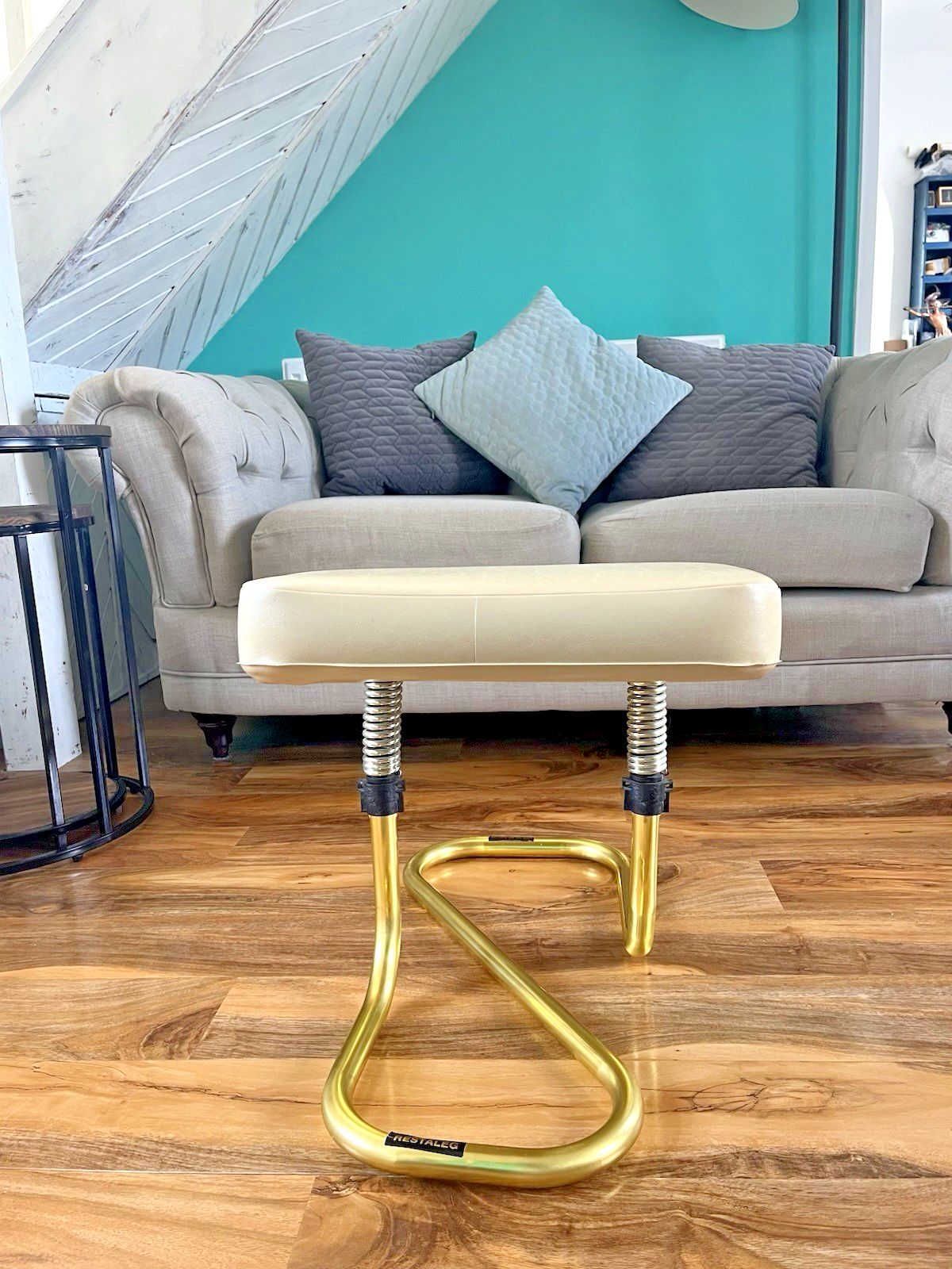 Stylish Mid Century 1960's Automatic Restaleg Cream Vinyl Foot Stool Pouffe 70's photo vintage