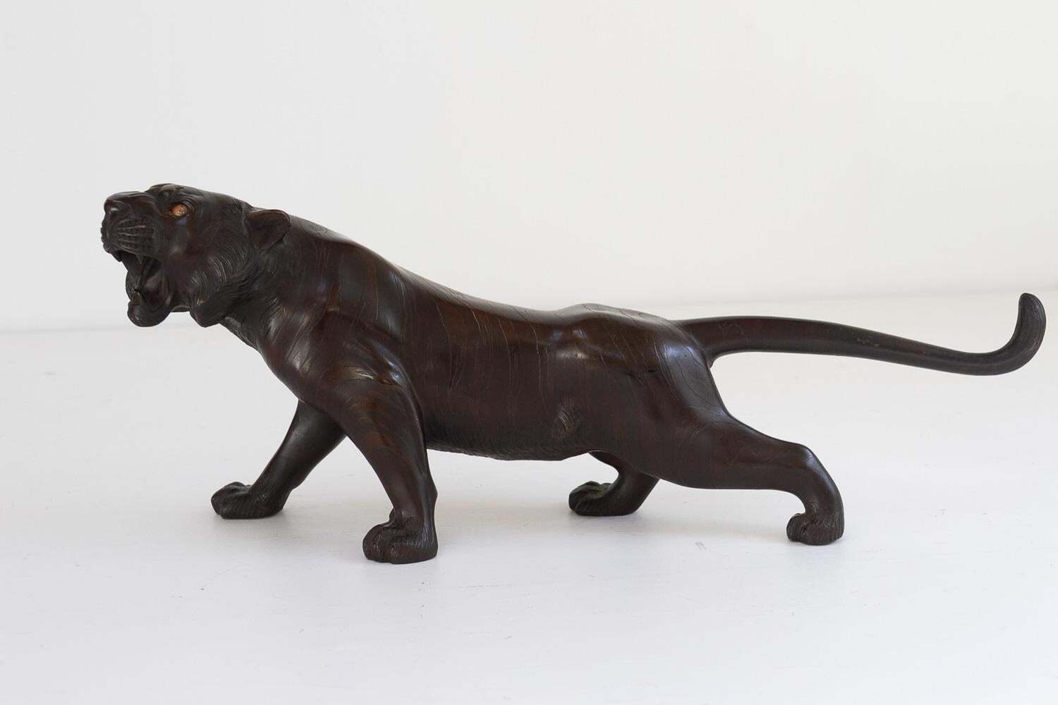 Japanese Meiji Bronze Tiger Sculpture, 1900s. photo furniture