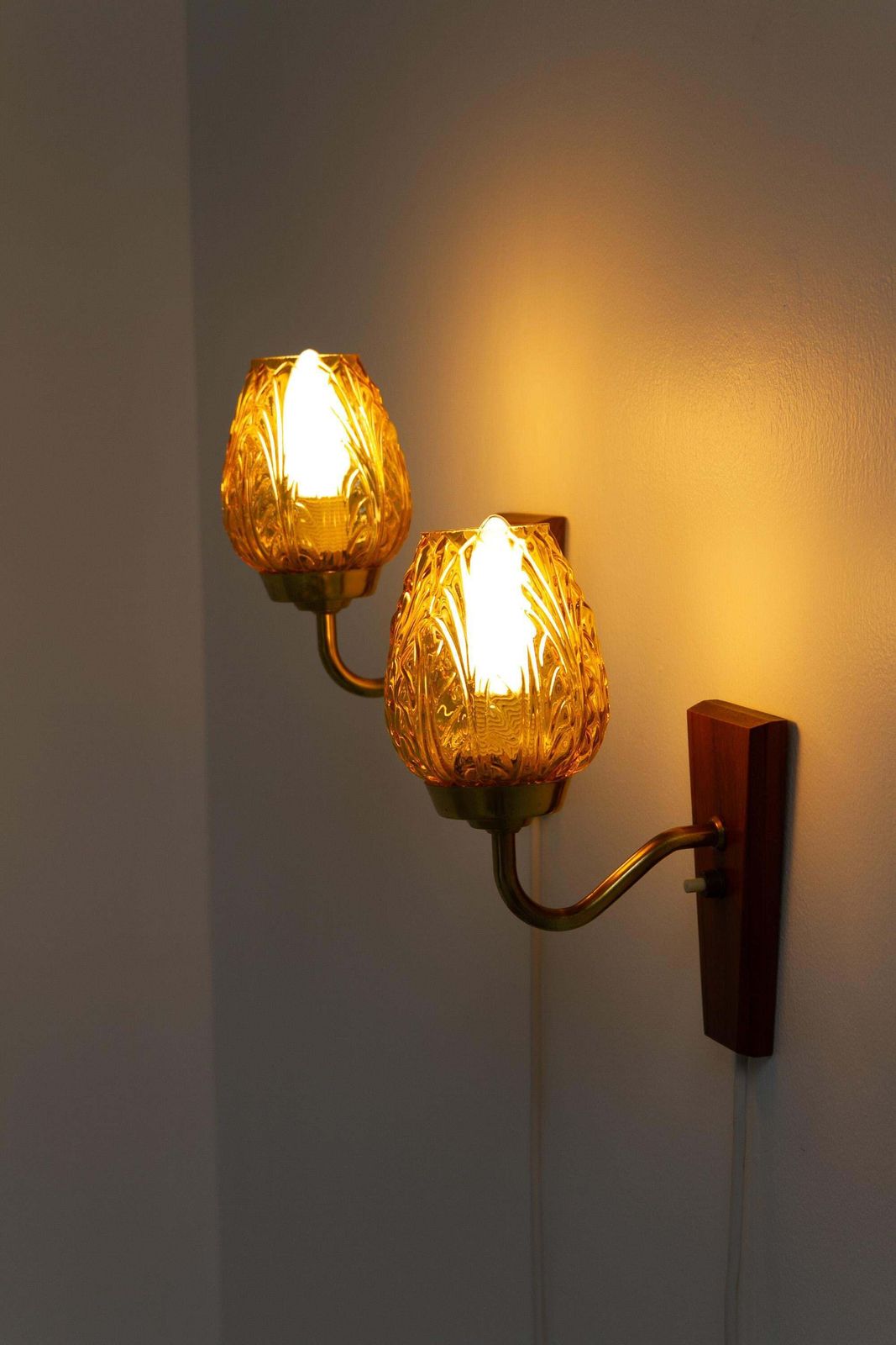 524.0 Danish Brass And Amber Glass Wall Sconces By Laoni, 1960s. Set Of 2. photo