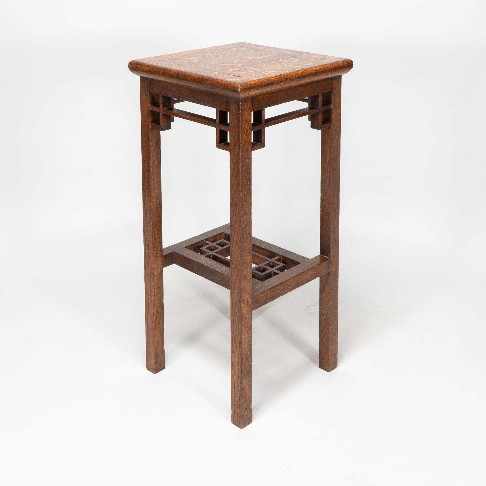 E. W. Godwin. An Anglo Japanese Oak & Lattice Statue Stand With Wide Inlaid Top photo for sale