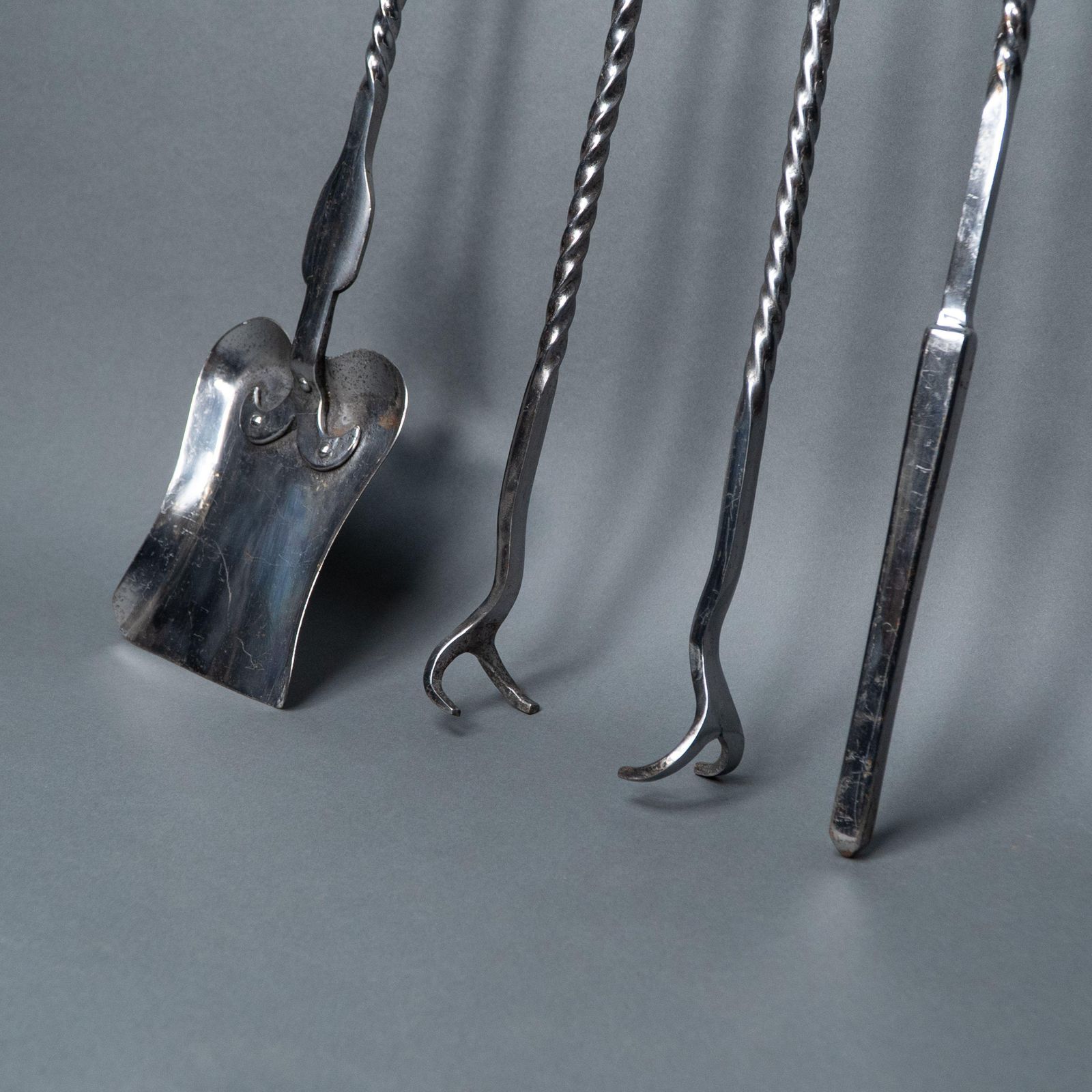 A Set Of Arts & Crafts Cotswold School Polished Steel Hand Wrought Fire Utensils photo buy