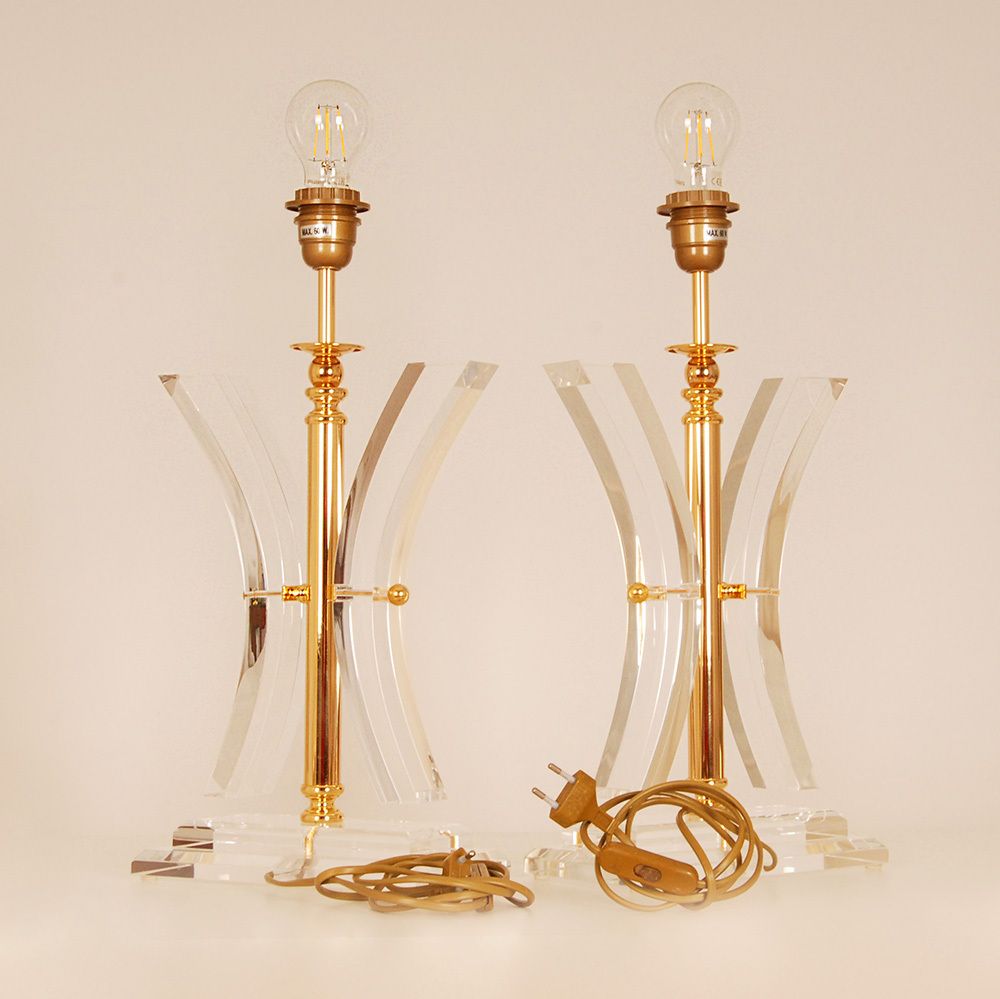Vintage Table Lamps Crystal Gold Acrylic Kuatra Spanish Lamps Mid Century Perspex A Pair photo vinterior