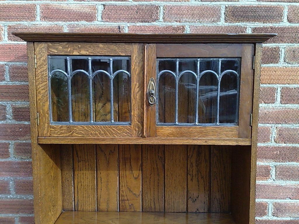 An Arts And Crafts Tall Oak Bureau Bookcase With Leaded Glass Doors photo Furniture