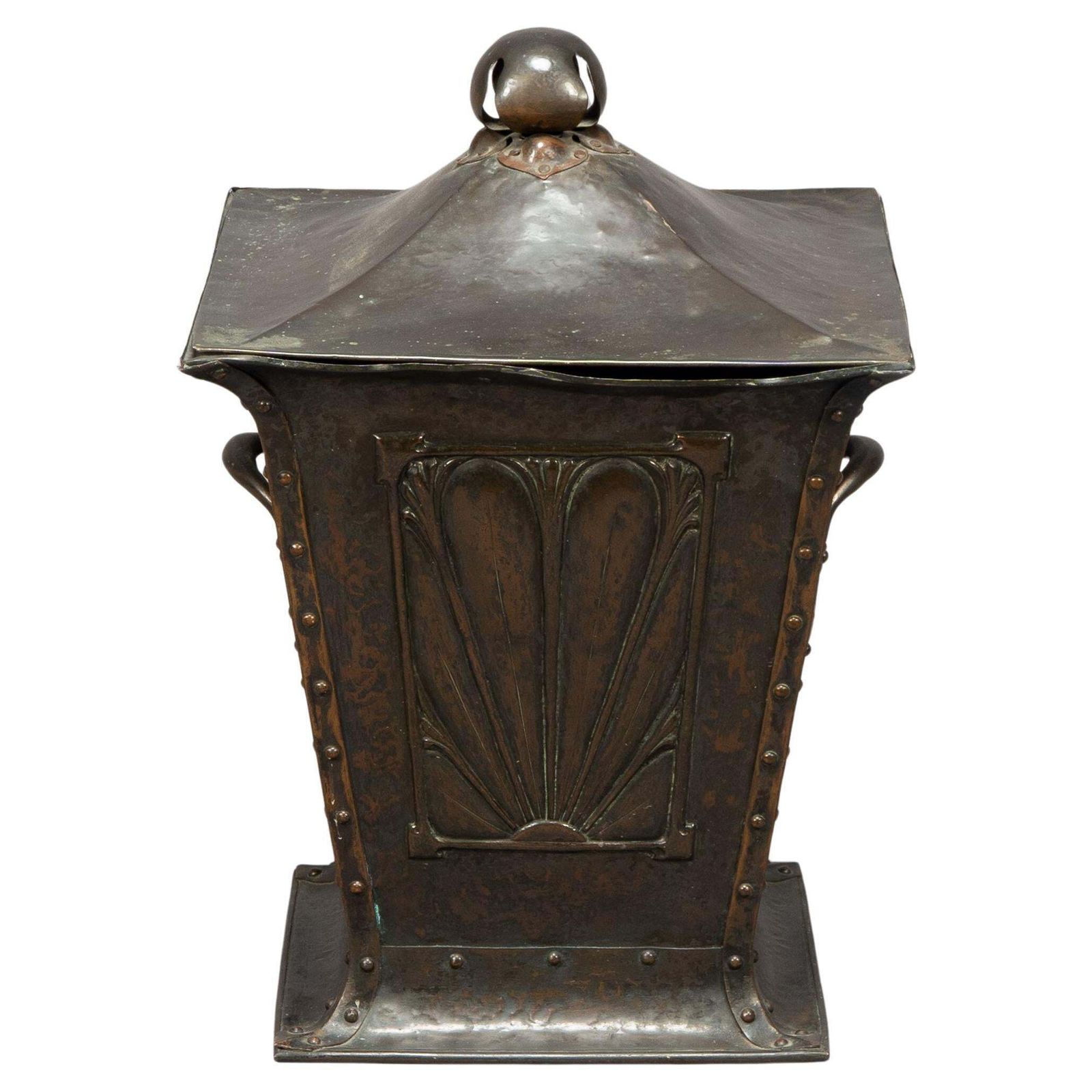 An Arts & Crafts Copper Conical Coal Bucket And Lid, With Hand Hammered Sun Rise