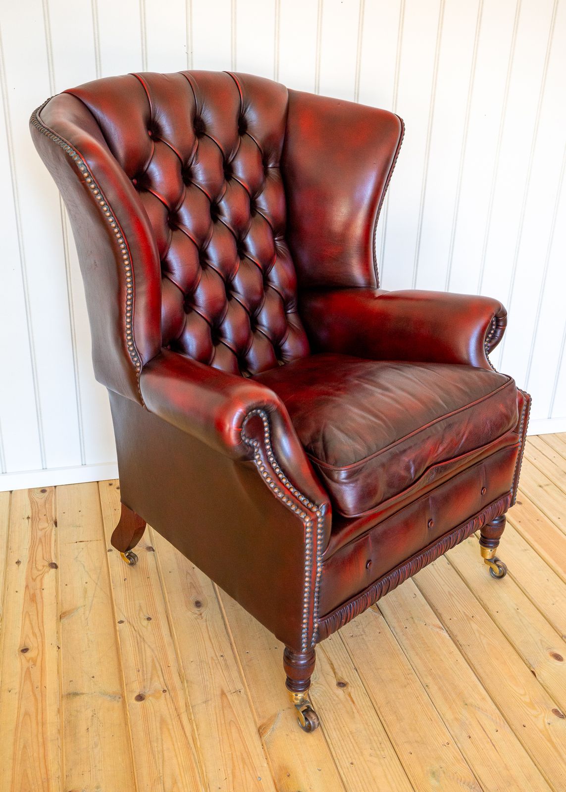 Harrods Wingback Chesterfield Armchair Georgian Style Oxblood Red 1990s Casters Fireside Chair Fine Country House photo Furniture