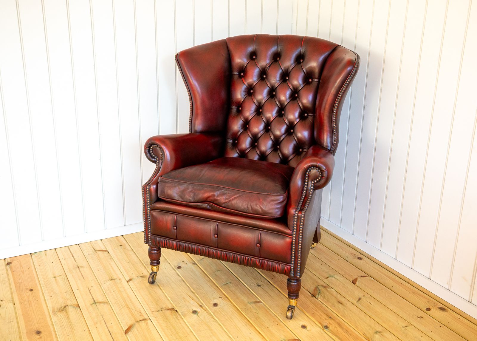 Harrods Wingback Chesterfield Armchair Georgian Style Oxblood Red 1990s Casters Fireside Chair Fine Country House photo buy