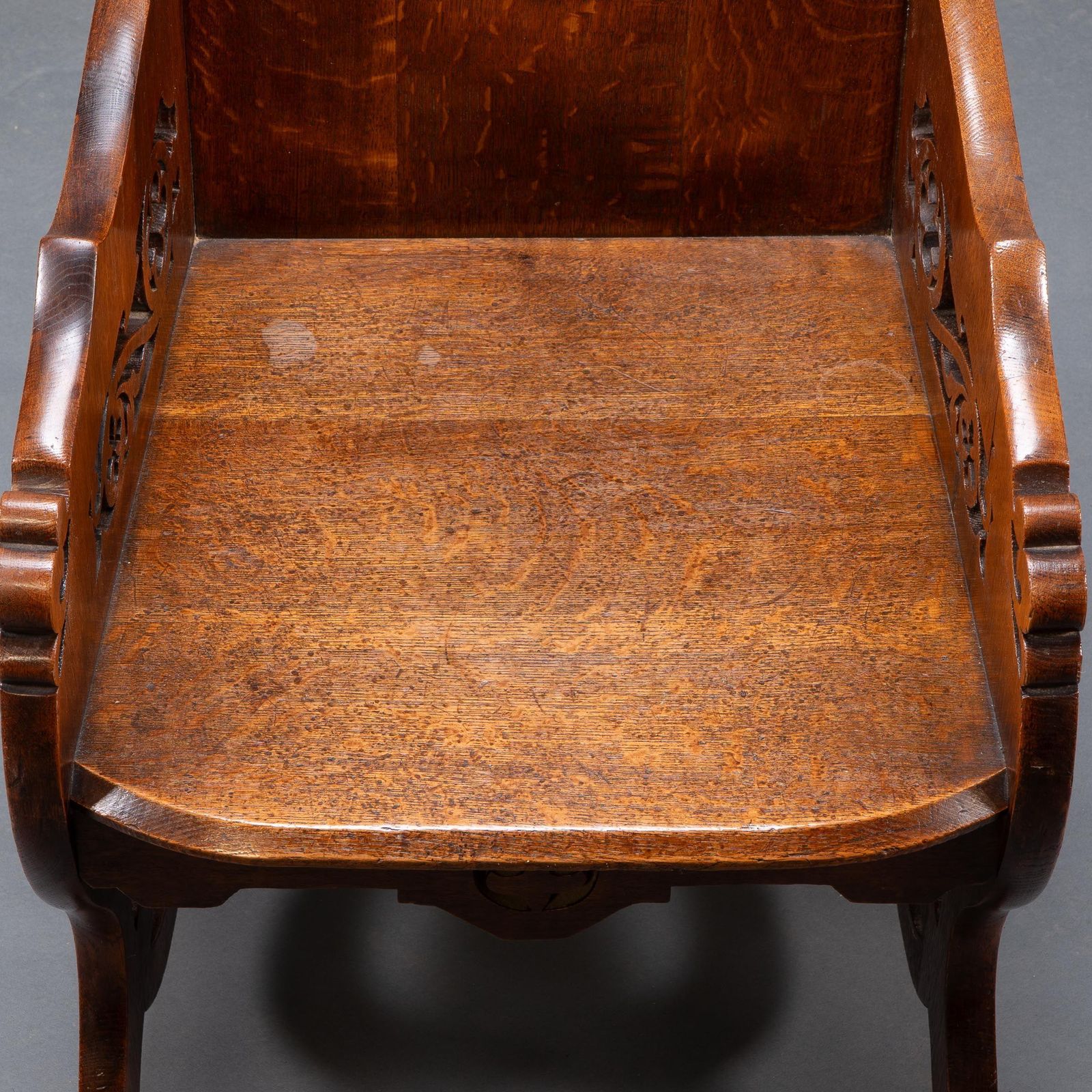 A High Gothic Revival Oak Armchair With Carved And Fretwork Sides photo vintage