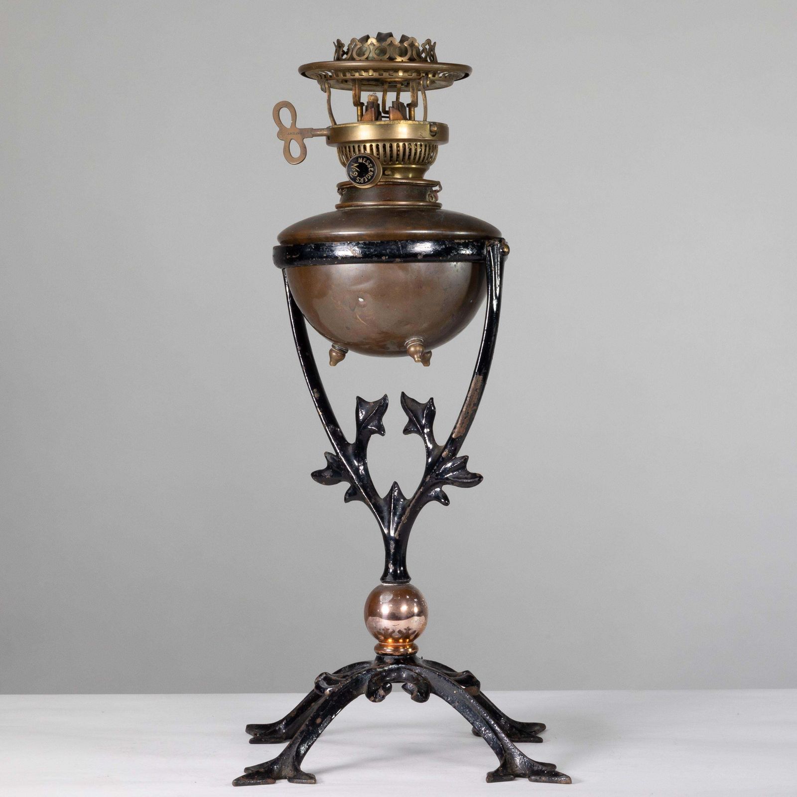 Was Benson. An Arts And Crafts Cast Iron Four Leg Table Oil Lamp photo vinterior