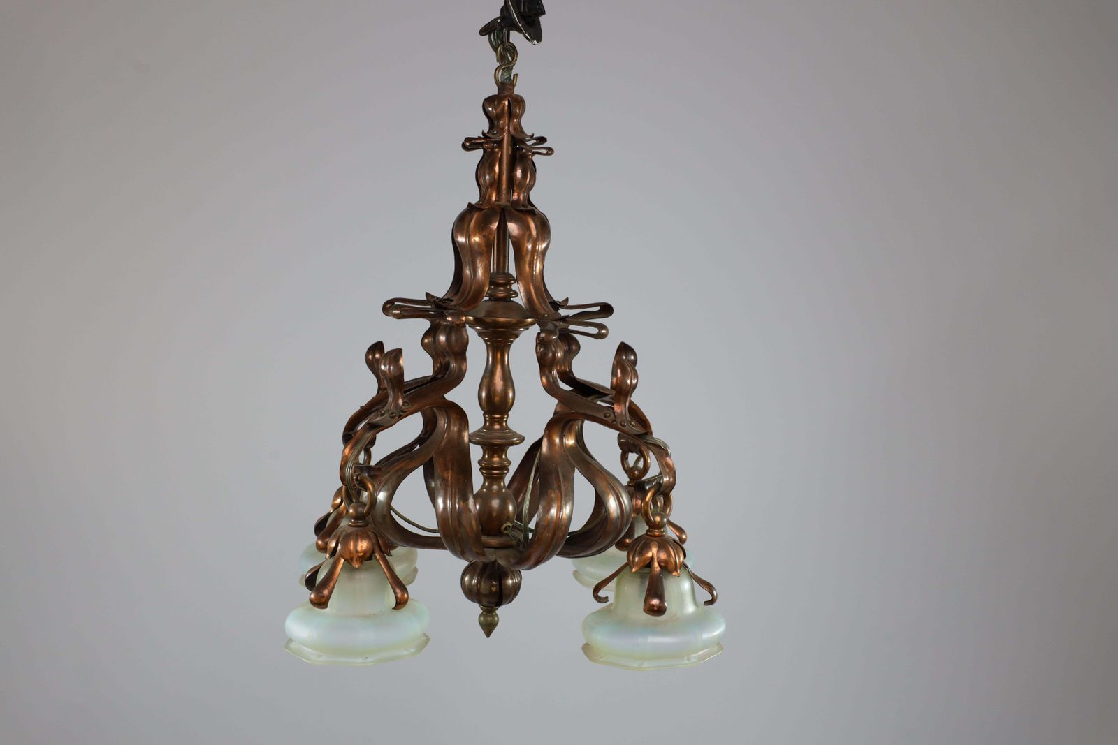 An Impressive Arts And Crafts Copper Chandelier With Original Vaseline Shades photo for sale