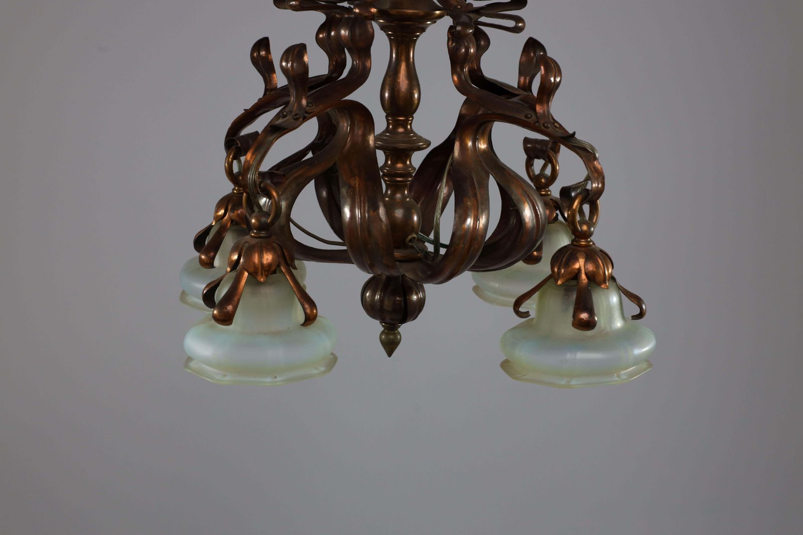 An Impressive Arts And Crafts Copper Chandelier With Original Vaseline Shades photo 5915.0