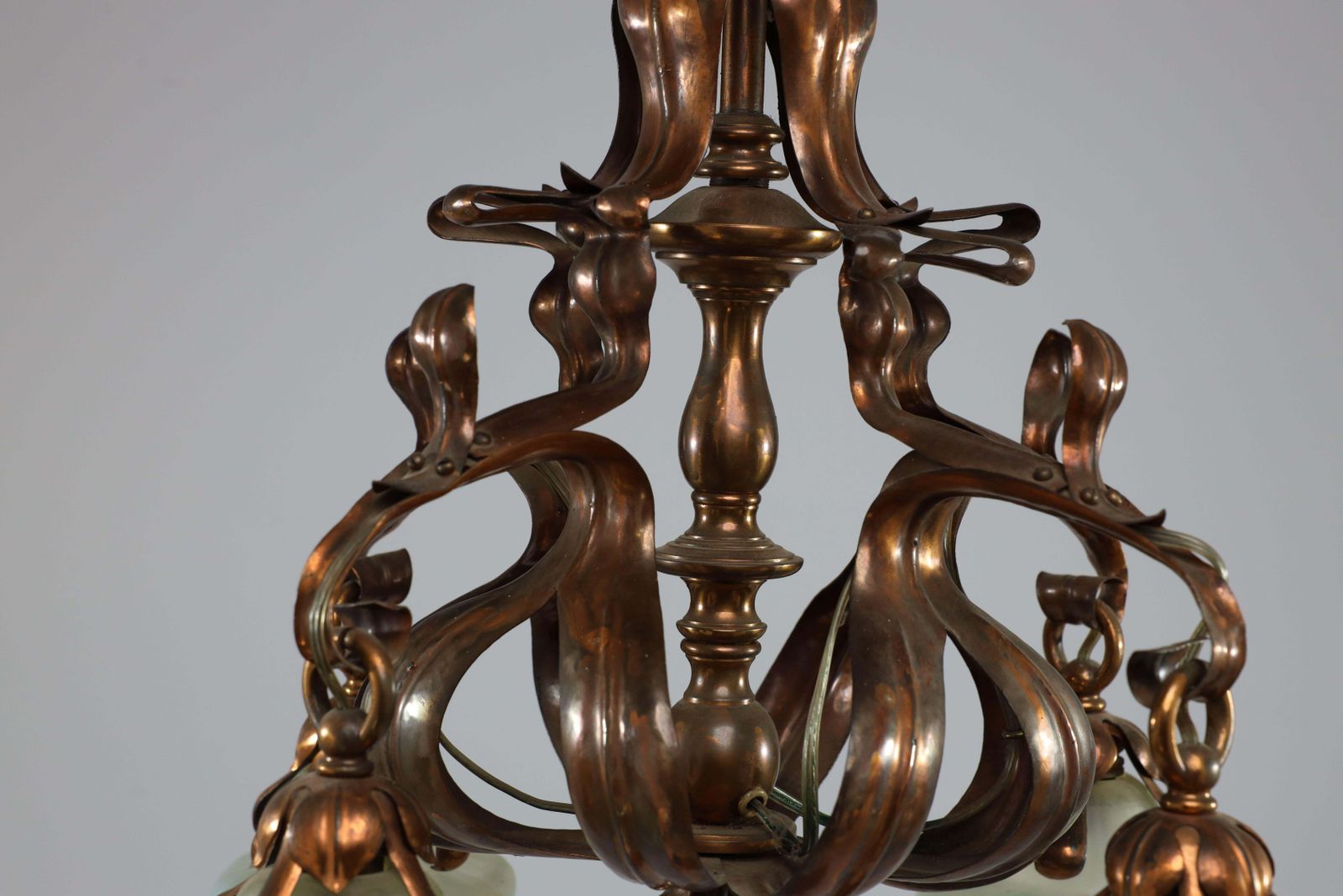 An Impressive Arts And Crafts Copper Chandelier With Original Vaseline Shades photo vintage