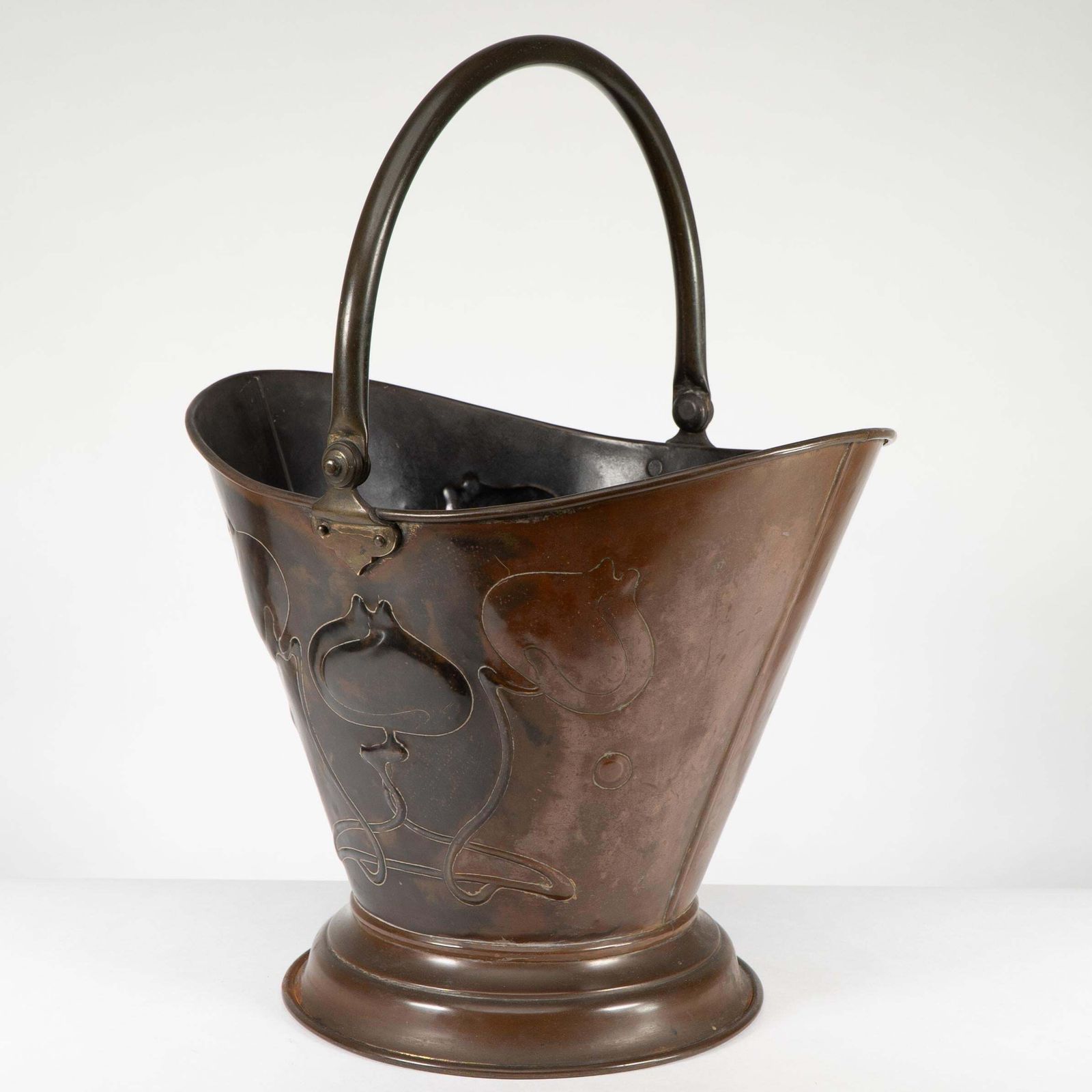 An Arts & Crafts Copper Coal Bucket With Floral Decoration And Chocolate Patina photo 867.0