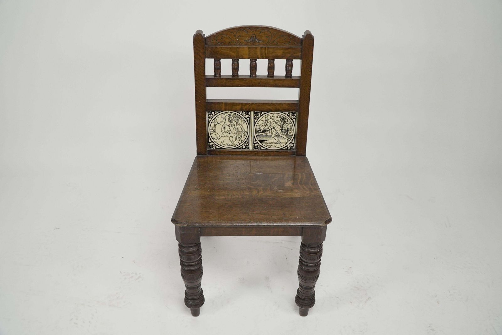 A Pair Of Substantial Gothic Revival Oak Hall Chairs With Period Tiles photo furniture