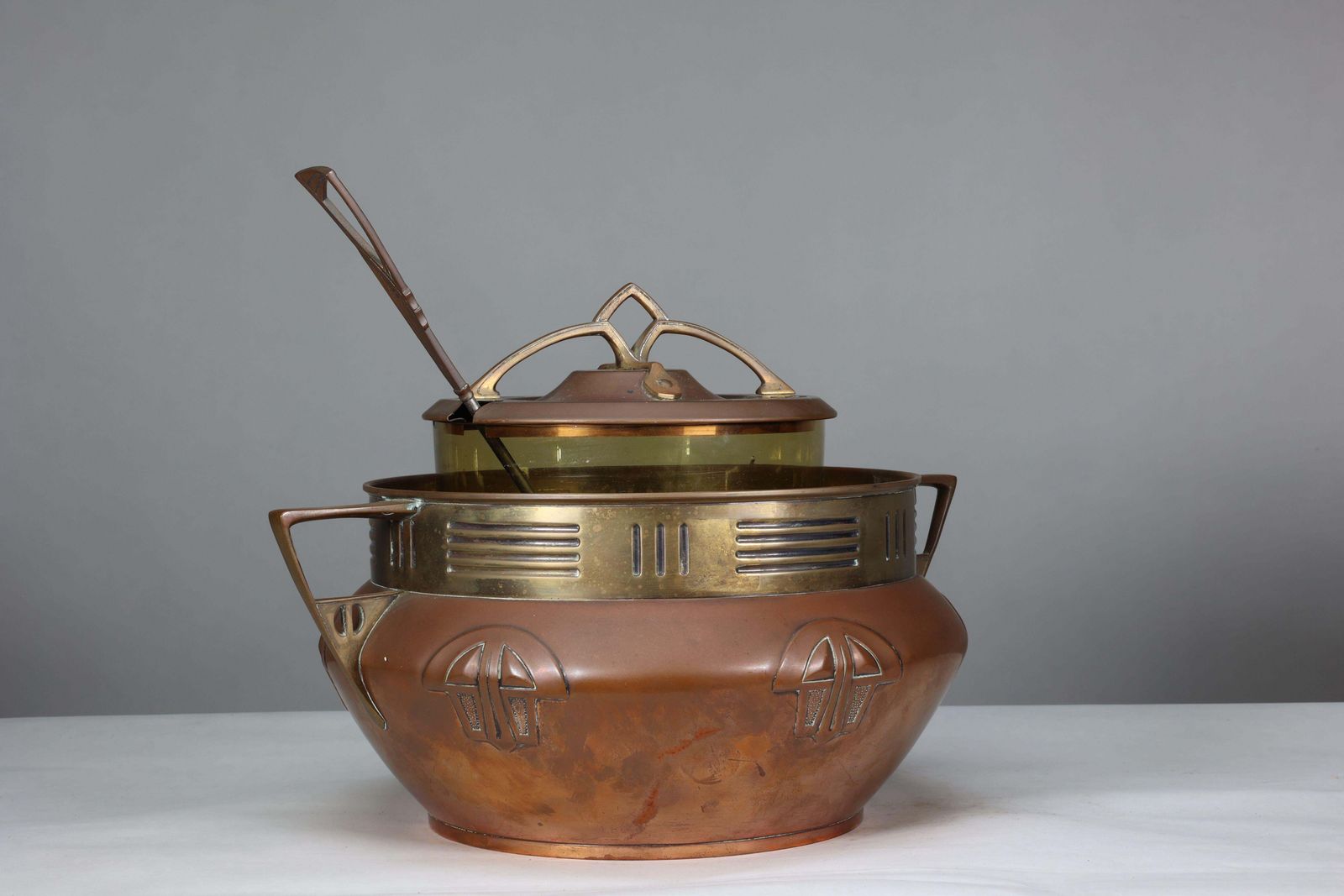 Carl Deffner. An Early Secessionist Style Copper And Brass Punch Bowl And Lid photo vinterior