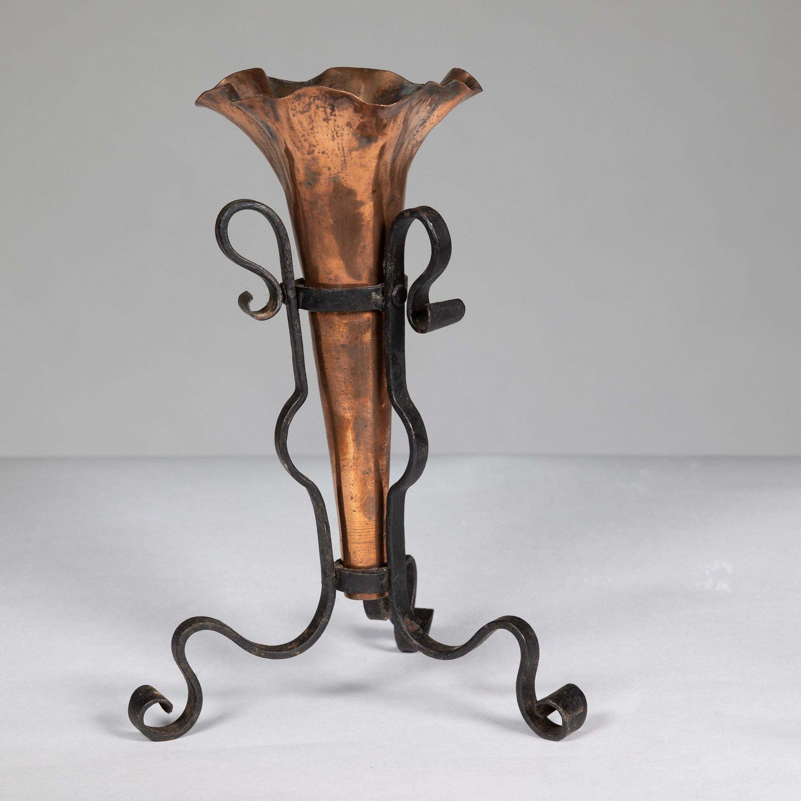 An Arts And Crafts Copper And Hand Wrought Iron Conical Flower Vase photo for sale
